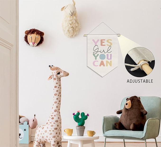Motivational Nursery Kids Girls Room Decor Inspirational Baby Girl Toddler Room Bedroom Classroom Wall Decor, Yes Girl You Can Banner Pennant Hanging, 15x11in