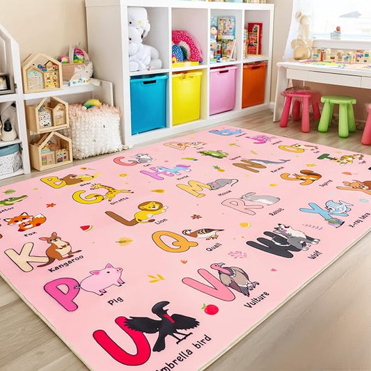Kids Rugs for Playroom, 8x10 Ft Educational Rug for Learn The ABC Alphabet, Soft Machine Washable Non-Slip Cute Cartoon Animals Carpet for Classroom Toddler Nursery Kids Room Decor, Pink