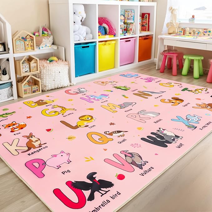 Kids Rugs for Playroom, 7x9 Feet Educational Rug for Learn The ABC Alphabet, Soft Machine Washable Non-Slip Cute Cartoon Animals Carpet for Classroom Toddler Nursery Kids Room Decor, Pink