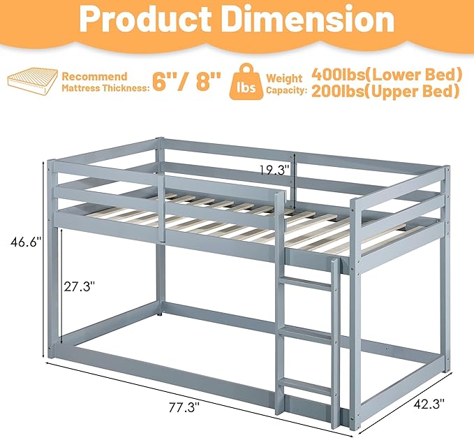 Bunk Bed Twin Over Twin, Wood Low Profile Floor Twin Bunk Beds with Ladder Guardrails for Kids Boys and Girls, No Box Spring Needed