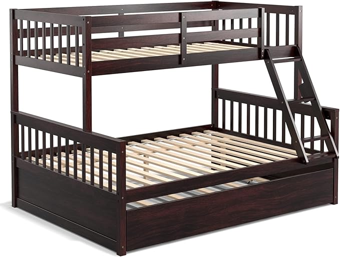 KOMFOTT Wood Twin Over Full Bunk Bed with Trundle, Bed Frame with Solid Pine Wood Frame, Space-Saving Bunk Bed with Ladder & Safety Guardrails, No Box Spring Needed