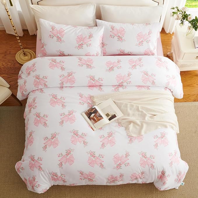 Pink Bow Duvet Cover Queen 3Pcs Pink Floral Bedding Set for Girls Kids,Cute Princess Style Bowknot Bedding,Ultra Soft Garden Flower Bedding with 2 Pillowcases(No Comforter)