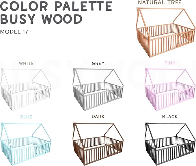 BUSY WOOD House Wooden Playpen - Montessori Floor Bed with Safe Gate - Toddler Bed - Floor Bed - Frame with Fence and Door - Toddler Bedroom Furniture - Full, Twin, Queen, King Size (Model 6)