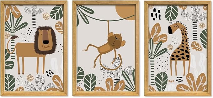 YWJKWLGS Kids Safari Animal Wall Decor, 3 Piece Nursery Art for Baby Room 11"x16" Jungle Theme Cute Lion Monkey Giraffe Prints Sign Wood Framed for Children's Room Toddler Bedroom Decoration (Wood)