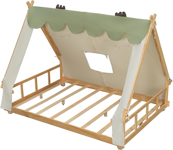 Full Size House Bed for Kids with Light and Tent, Montessori Floor Bed Full for Kids Girls Boys Teens Bedroom, White