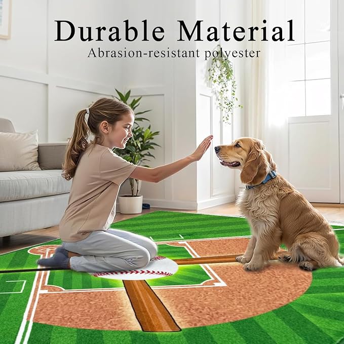 Washable Low Pile Baseball Rug 6x9- Sports Decor for Boys Room, Non-Slip Kids Bedroom Carpet, Durable Baseball Themed Floor Mat