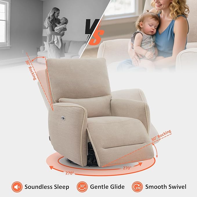 MCombo Swivel Glider Rocker Power Recliner Chair, Electric Swivel Rocker Recliner with USB Charging Ports for Living Room and Nursery, Fabric 6922 (Beige)