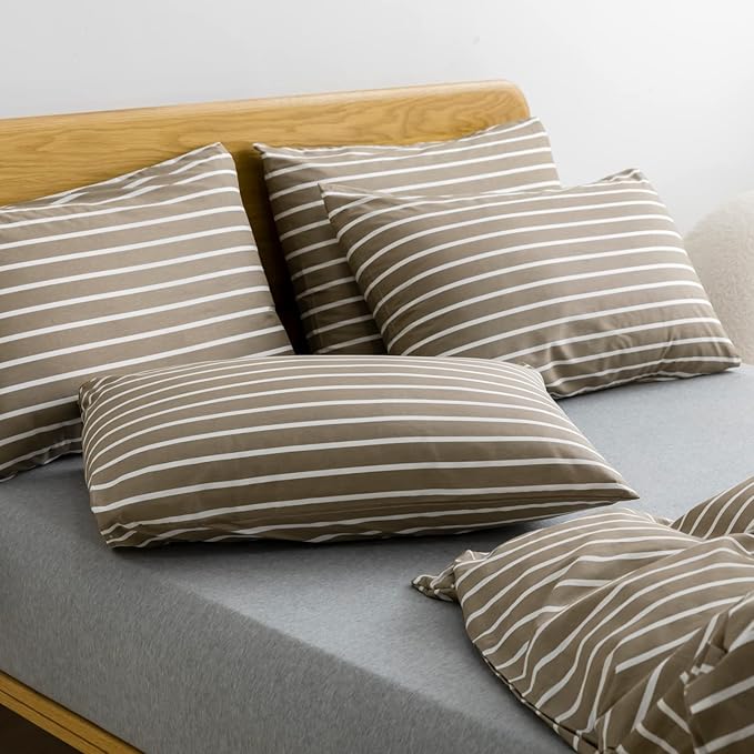 JELLYMONI Full Duvet Cover Set, Cotton Duvet Cover 3 Pieces with Zipper Closure, 1 Duvet Cover and 2 Pillowcases(Khaki with White Striped)