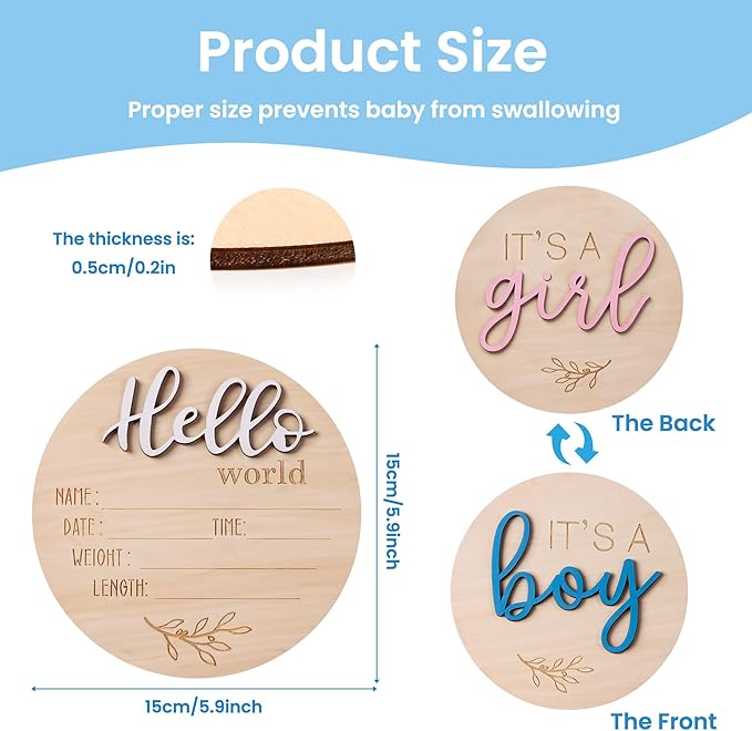 2-in-1 Gender Reveal Sign and Hello World Announcement Signs, It's a Boy or Girl Sign Newborn Announcement Set, Wooden Baby Welcome Sign for Hospital, Nursery he or she signfor Newborn Boys and Girls