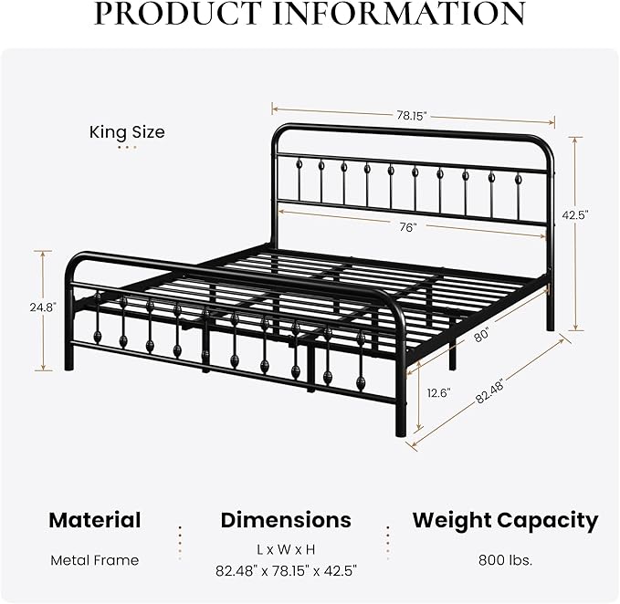 SHA CERLIN King Size Metal Platform Bed Frame with Victorian Style Iron-Art Headboard and Footboard, Easy Assembly, Under Bed Storage, No Box Spring Required, Black