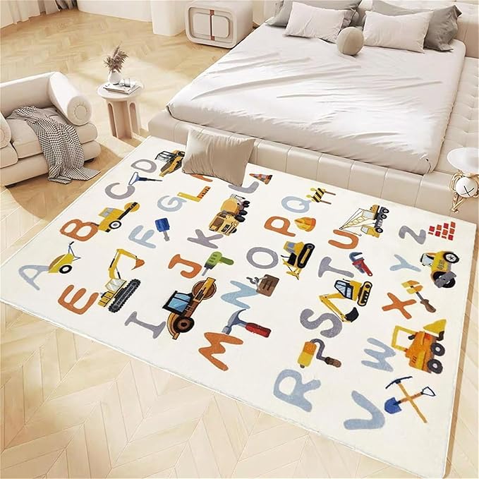 Kids Rug, Alphabet and Truck Carpet for Playroom 4x6, Children's Educational Play Mat ABC Rugs for Boys Girls, Digger Play Rug for Bedroom, Non-Slip Area Rugs for Nursery
