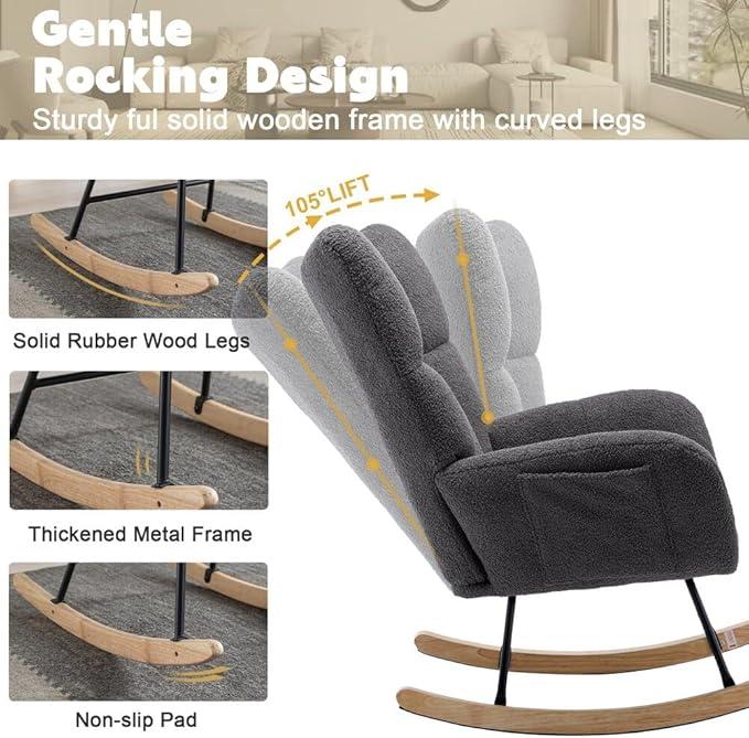 Nursery Rocking Chair Teddy Upholstered Glider Rocker Accent Chair with High Backrest Armchair Comfy Side Pocket Modern Rocking Accent Chairs for Living Room, Nursery, Office(Neutral Gray)