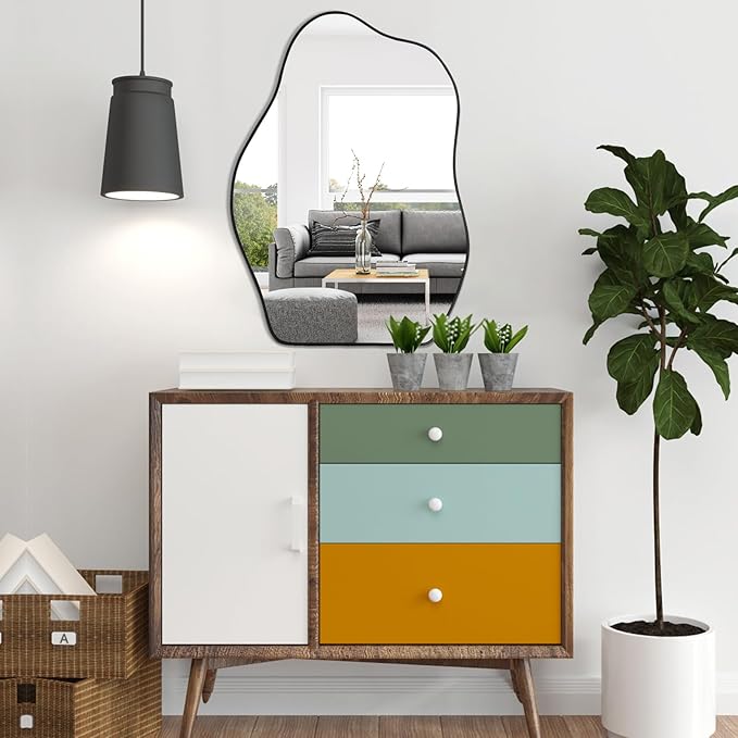 POZINO Irregular Shaped Mirror, 28"x20" Asymmetrical Mirror, Modern Wavy Mirrors, Funky Mirrors for Wall Decor Living Room Bathroom Bedroom Entryway