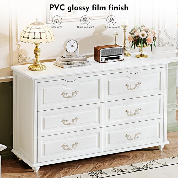 Modern 6 Drawers Dresser Chests for Bedroom,TV Stand,47.2 Wide Chest of Drawers with Handle,Clothes Organizer,Large Storage Cabinet for Living Room,Hallway,with Anti-Tipping Device,White