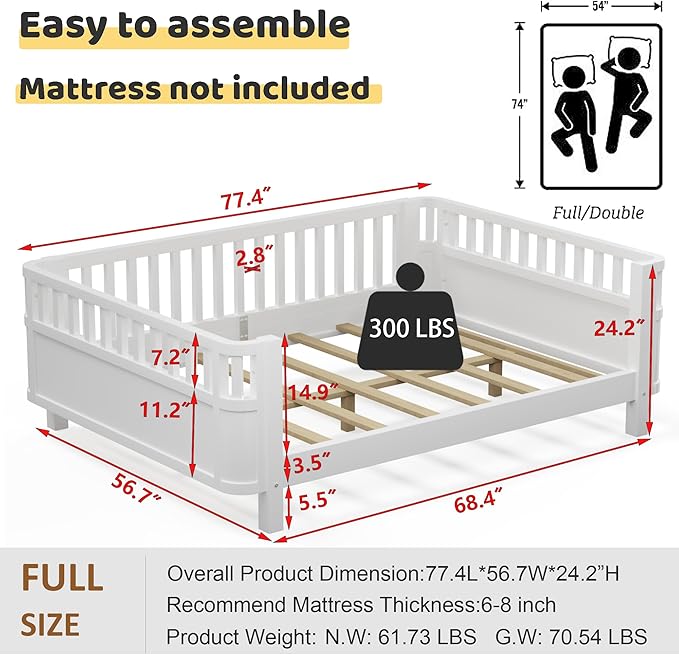 Full Size Kids Bed with Rails, Wood Montessori FloorBed Full with Slats Support, Modern Daybed Low to Ground for Girls Boys Bedroom Living Room, White