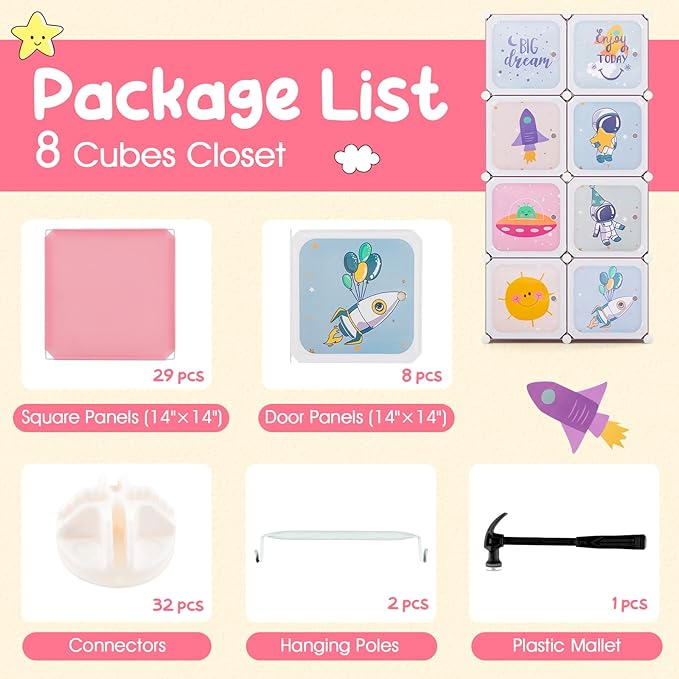 INFANS Children Wardrobe, Kid Closet Portable Baby Dresser Cute for Kids Bedroom Nursery Armoire with Doors 12 Cube 2 Hanging Sections, Kid Clothes Storage Organizer (Pink, 8 Cubes)