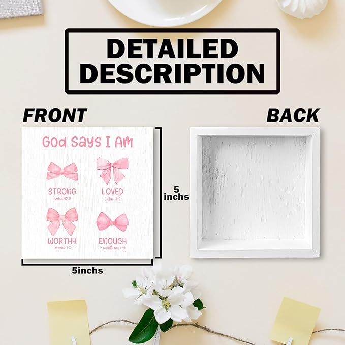 Preppy Coquette Bow Christian Wood Box Sign - Bible Verse Desk Shelf Decor, Coquette Room Decor, Pink Inspirational Christian Wooden Block Plaque Box Sign for Girl Room Nursery Dorm Decorations