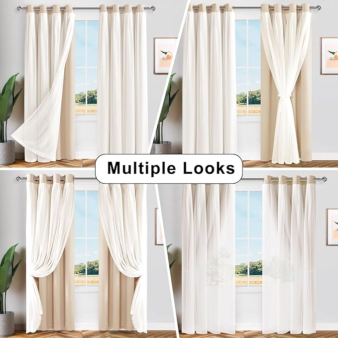Hiasan Mix & Match Blackout Curtains with Sheer Overlay, Thermal Insulated Privacy Double Layer Room Darkening Window Curtains for Bedroom, Living Room, 2 Panels with Tiebacks, Beige, 70W X 84L