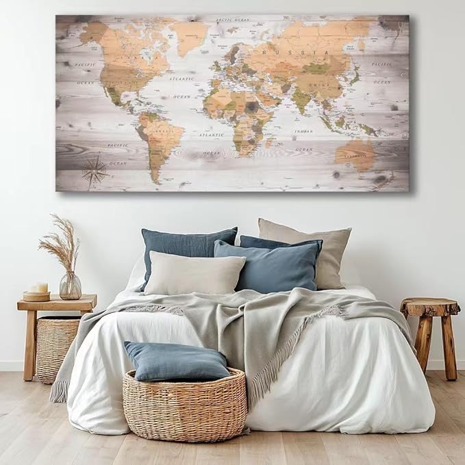 Large Wall Art grey map of The World Painting Ready to Hang 36"x70"Large Framed Wall Art World Map Canvas Map Decorations Artwork Prints