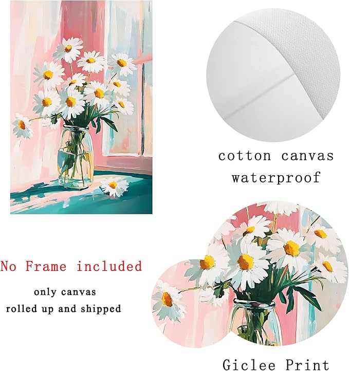 Rustic Farmhouse Floral Canvas Wall Art Flower Still Life Prints Flower In Vase Painting Modern Floral Canvas Daisy Painting White Daisy Picture Aesthetic Flowers Poster 16x24inch No Frame