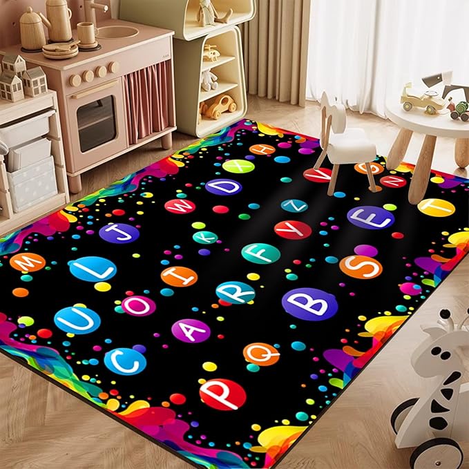Colorful Painting Area Carpet, 3x5ft, Rainbow ABC Alphabet Playroom Rugs, Foldable Durable Durable Washable Area Rugs, Soft Reduce Noise Cozy Low Pile Mats for Bedside Dorm