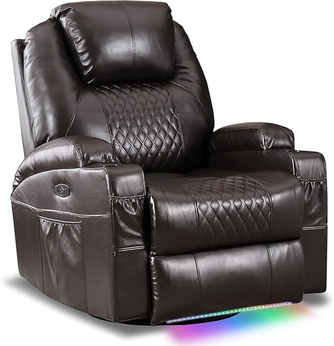 Power Swivel Rocker Recliner Chair with Vibration Massage, 270° Swivel & LED Lights, Electric Glider Reclining Sofa, USB A/C Ports & Storage Pocket for Living Room (1, Brown)