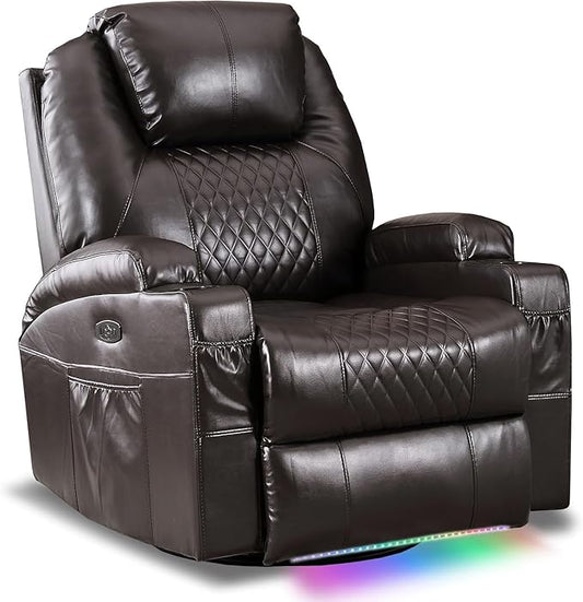 Power Swivel Rocker Recliner Chair with Vibration Massage, 270° Swivel & LED Lights, Electric Glider Reclining Sofa, USB A/C Ports & Storage Pocket for Living Room (1, Brown)