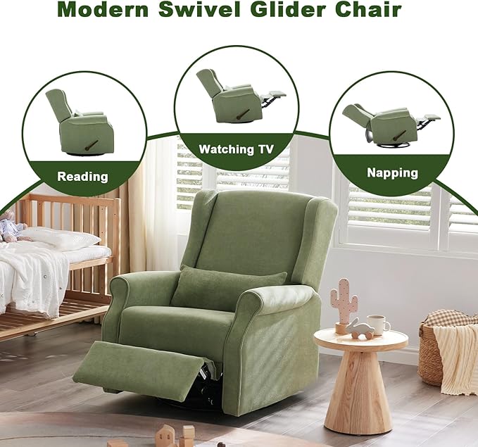 Nursery Swivel Glider Recliner,Rocking Chair Nursery with Footrest,Rocking Recliner Chair for Nursery,Glider Rocker Recliner for Living Room & Bedroom,Green