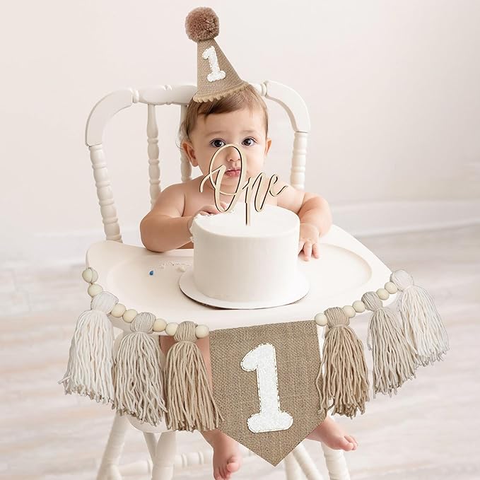 1st Birthday Decorations Boys High Chair Banner With One Cake Topper Brown Conical Hat For First Party