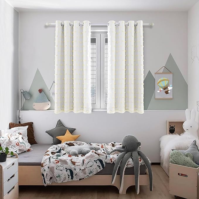 MYSKY HOME 100% Blackout Curtains for Nursery Thermal Insulated Yellow Pom Pom Curtains 63 Inch Length for Girls Bedroom 2 Panels Grommet White Sheer Curtains for Kitchen Dining Room, 52W x 63L