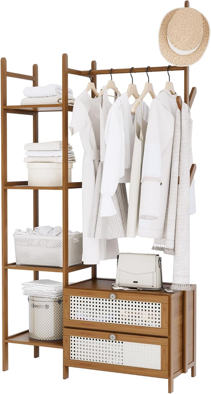 Bamboo Clothes Rack,Garment Rack with Drawers and Shelves,5 Tier Storage Shelves with 6 Hanging Hooks,Wardrobe Closet for Entryway Guestroom Kids Bedroom(31.5inch Width Tawny with Rattan Door)