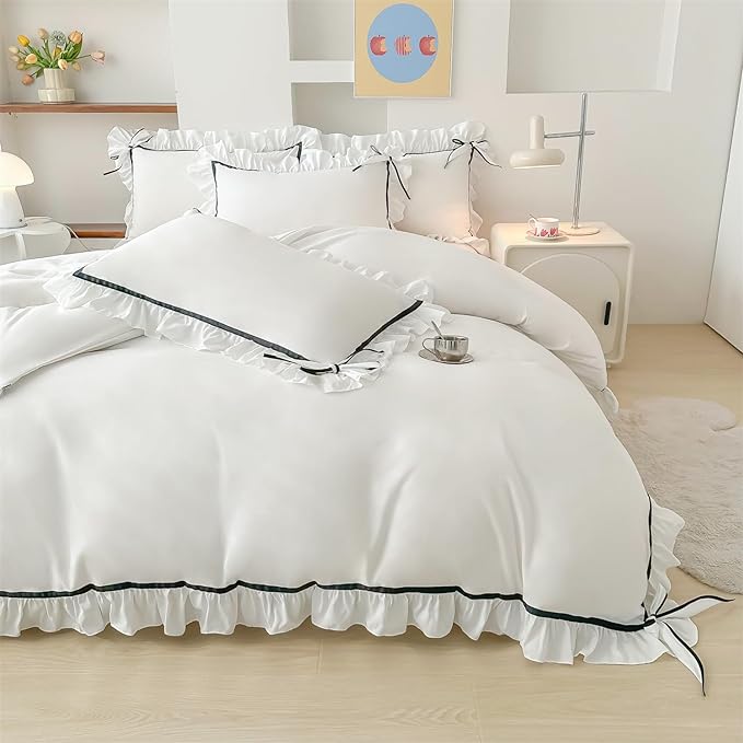 Ruffled Bedding Bow Duvet Cover Set with Butterfly Tie, Soft Brushed Microfiber Shabby Chic Bedding Set with Zipper Closure for Kids Girls-White,Twin