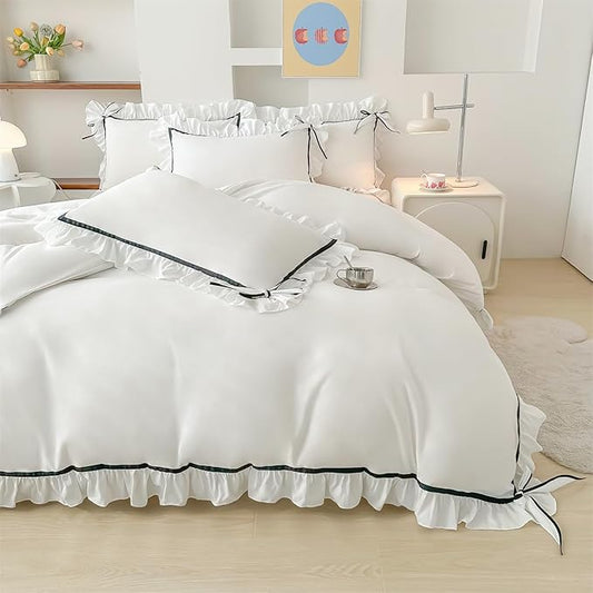 Ruffled Bedding Bow Duvet Cover Set with Butterfly Tie, Soft Brushed Microfiber Shabby Chic Bedding Set with Zipper Closure for Kids Girls-White,Full