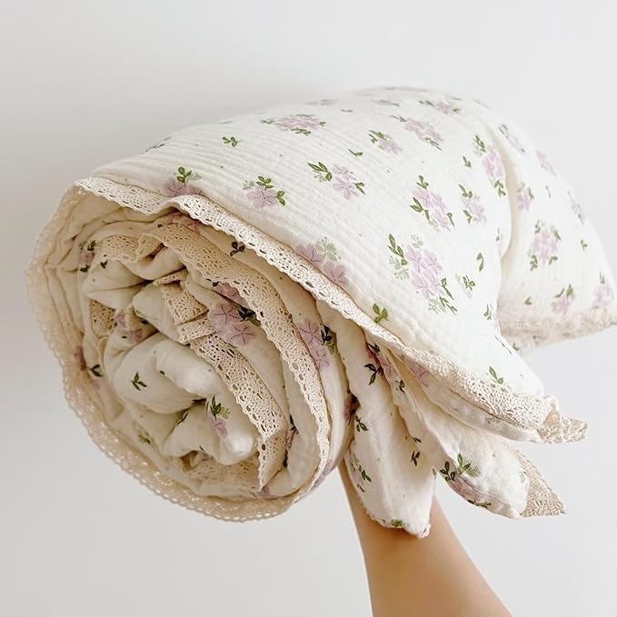 BuLuTu Purple Flower Baby Quilts for Kids Muslin Comforter Large Thin Summer Quilt for Crib/Cradle/Cot, 2-Layer Muslin Toddler Blanket Purple Perilla Pattern, 47x59 Inch