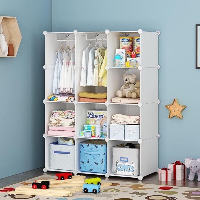 VIPZONE Baby Closet,Dresser, Kids Closet Organizers, Portable Kids Wardrobe for Closet, Bedroom, Nursery, Cubby, Cabinet, Clothes, Dress, Baby Storage Shelf, Armoire Clothes Hanging (12 Cube, White)