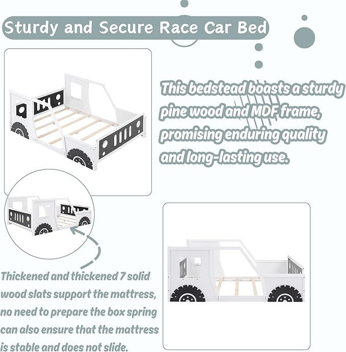 Full Size Car-Shaped Kids Bed with Headboard & Footboard and 4 Side Rails, Race Car Montessori Bed for Boys & Girls, White