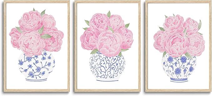 CHMMART 3 Piece Pink Floral Framed Wall Art Blue and White Chinoiserie Flower Canvas Art Prints Peony Pictures Wall Decor Painting Artwork for Living Room Bedroom Bathroom 12x16in
