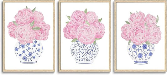 CHMMART 3 Piece Pink Floral Framed Wall Art Blue and White Chinoiserie Flower Canvas Art Prints Peony Pictures Wall Decor Painting Artwork for Living Room Bedroom Bathroom 12x16in
