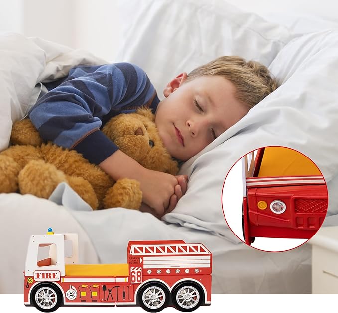 Bed Frames for Kids Fire Truck-Shaped Wooden Platform Bed Frame with LED Lights, Bed Platform with Wood Slat Support, Twin Size Chidren Bed Frame of Car Design,Fits Standard Twin Mattres(Red)