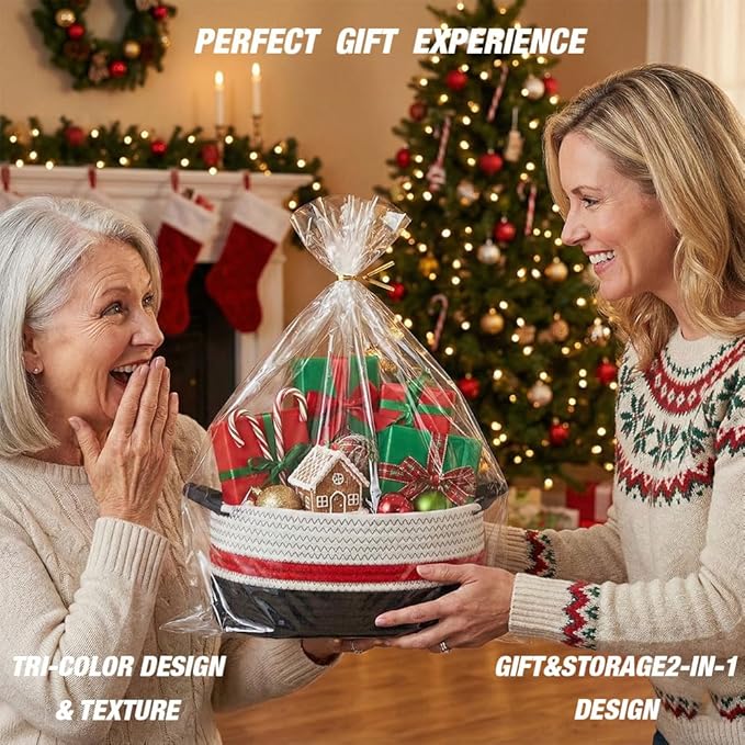 Yimi's Dream Cotton Rope Basket – Woven Gift Basket with Handles, Decorative Storage Basket for Christmas, Housewarming, Mother's Day, Shelf, Chest, Toys