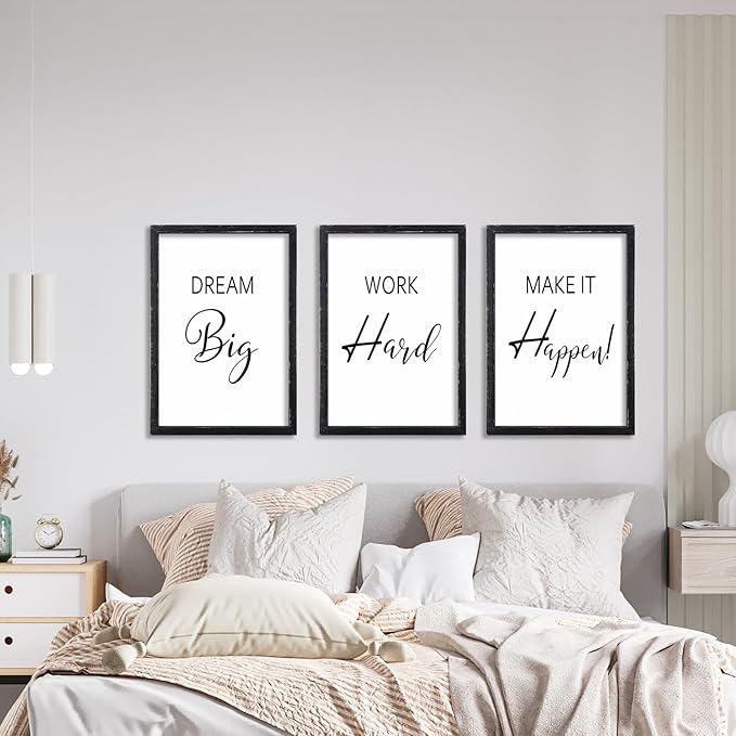 LuZhiQiang Inspirational Positive Wall Decor 16"×11" Dream Big Work Hard Make it Happen Sign Set Of 3 Large Wood Framed Motivational Quotes for Office Living Room Home Art Women Hanging (Black)