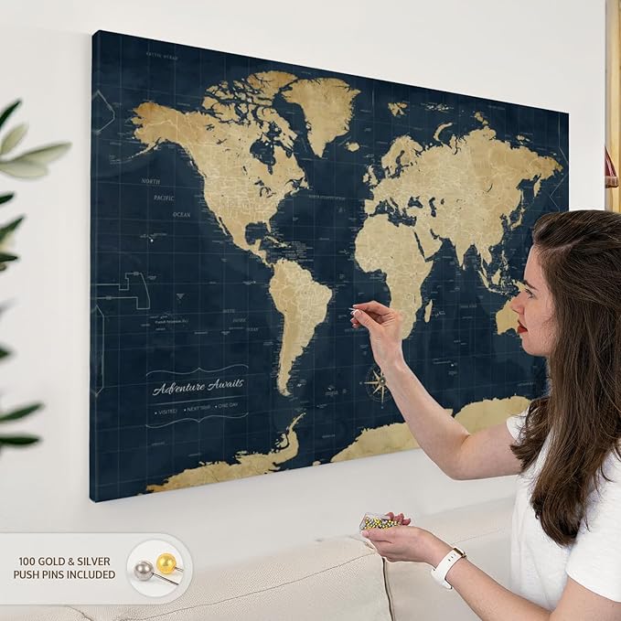 ElephantStock - Adventure Awaits World Map With Push Pins Wall Art - Horizontal Canvas Wall Art - Living Room Wall Decor - Digital Art Map Canvas Art - Gold And Blue Decor - 45" x 30"