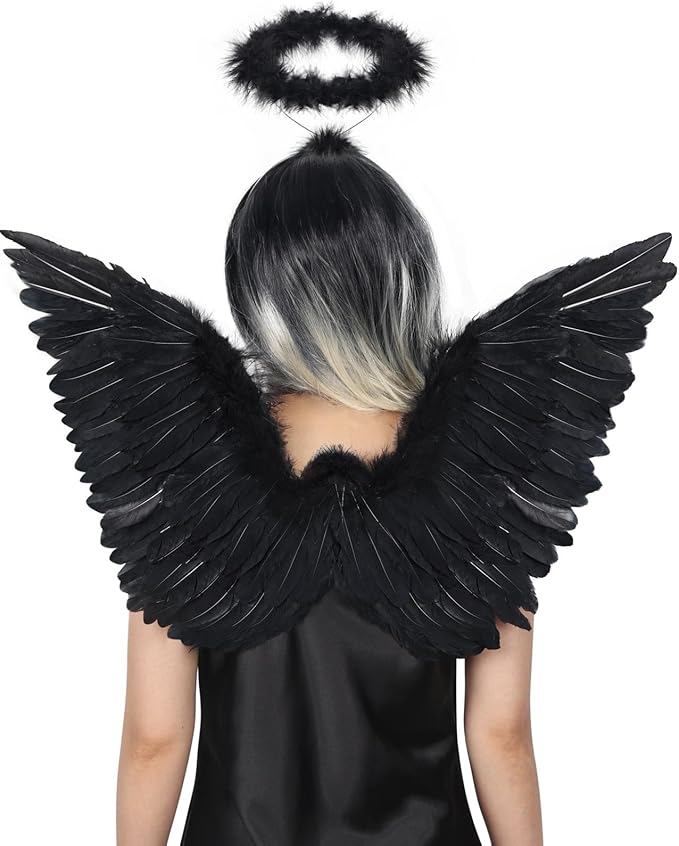 SEVADA Black Angel Wings and Halo for Adult Women, Dark Devil Fallen Feather Angel Wings for Kids Girls