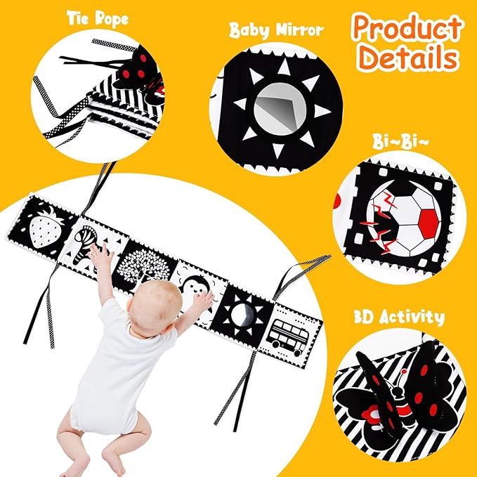 4 PCS Black and White High Contrast Baby Toys 0-3-6 Months Newborn Essential Toy for Babies Crinkle Sensory Book Brain Development Tummy Time Mirror Infant Carseat Rattle Christmas Stocking Stuffer