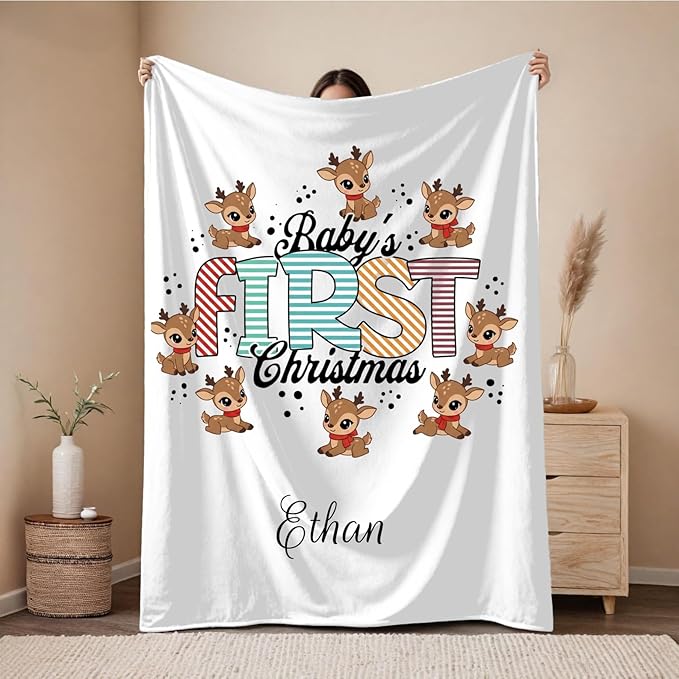 Personalized Baby's First Christmas Blanket, Custom Reindeer Baby Name Christmas Blanket, Soft Fleece Or Sherpa Throw, Baby Shower, Made in USA