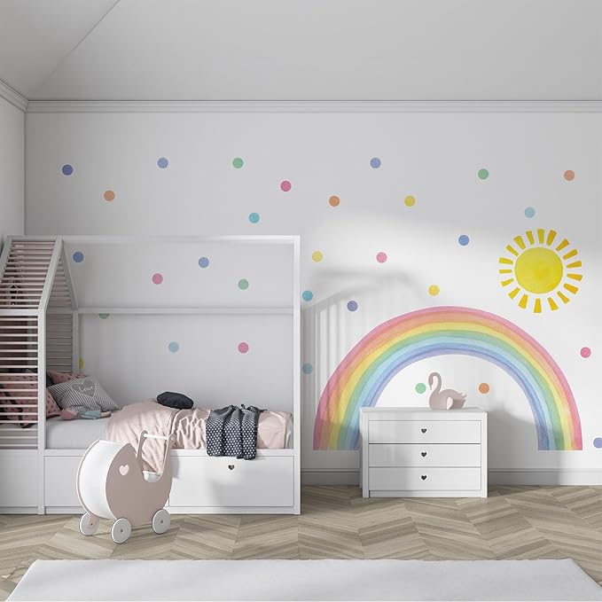 Watercolor Rainbow, Sun, Polka Dots Wall Decal for Kids Room, Nursery, Baby Room Decor, Polka Dots Mural, Rainbow Wallpaper (Rainbow-Sun-Polkadots, Large)
