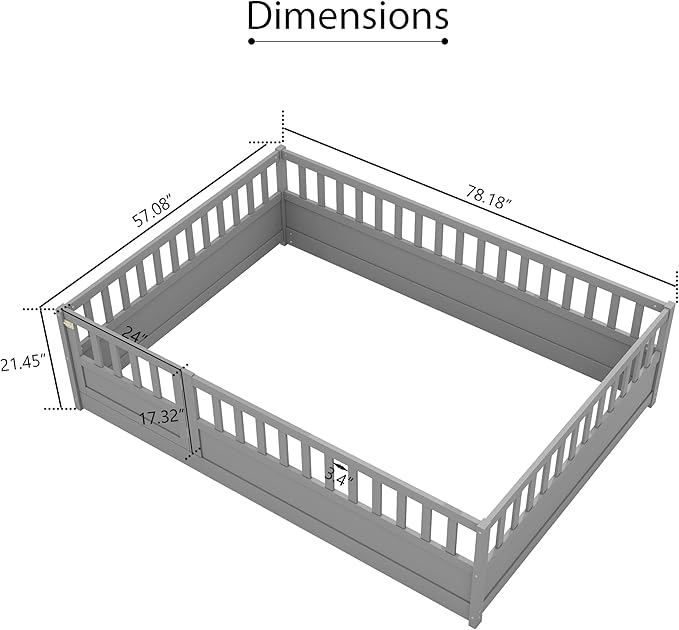 Ball & Cast Full Size Montessori Floor Bed with Baffle Design & Open Door,Toddler Floor Bed Frame W/Fence and High Guardrails,Wooden Playhosue Bed for Girls and Boys,No Box Spring Needed,Grey