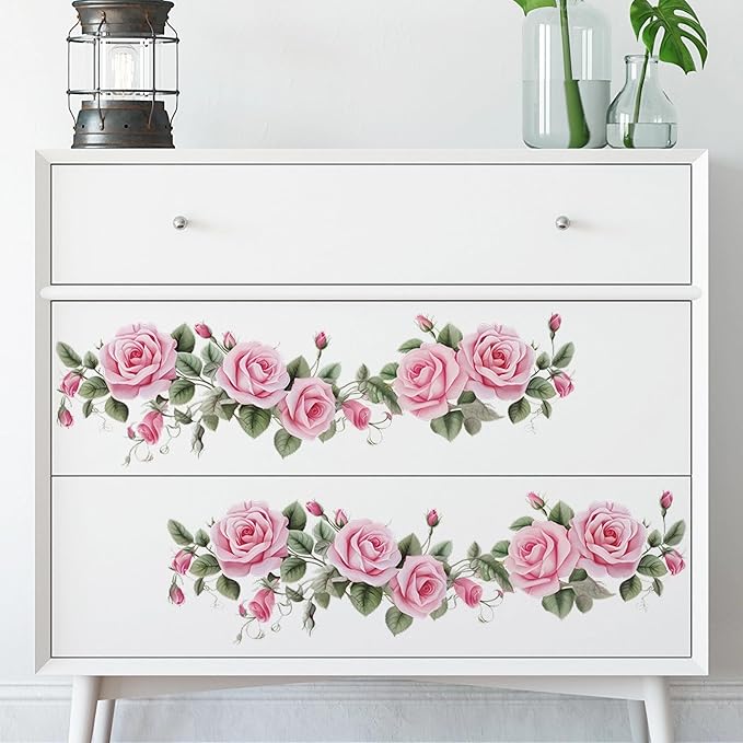 Pink Siren Rose Flower Vine Wall Stickers, sacinora Floral Art Botanical Wall Decals Removable Vinyl Peel and Stick for Furniture Door Living Room Bedroom Nursery Decorations