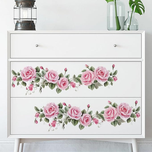 Pink Siren Rose Flower Vine Wall Stickers, sacinora Floral Art Botanical Wall Decals Removable Vinyl Peel and Stick for Furniture Door Living Room Bedroom Nursery Decorations