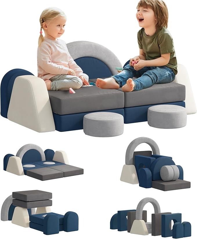 12 PCS Modular Kids Play Block Couch Child Sectional Soft Sofa Toddler Building Fortplay Climbing Bedroom Playroom Baby Convertible Floor Foam Cushion for Boys & Girls (Grey+Beige+Blue)